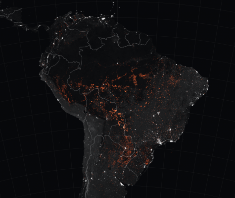 Locations of fires in South America as detected by satellites in mid August. PC: NASA's Terra/Aqua MODIS