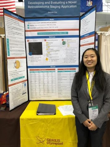 Liu presenting her project at the Genius Olympiad Science Research Competition. She is excited to get to explore more of the science and medical fields in the future.