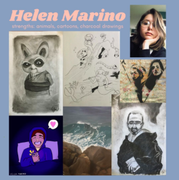 Artwork of Helen Marino; her strengths include animals, cartoons, and charcoal drawings.