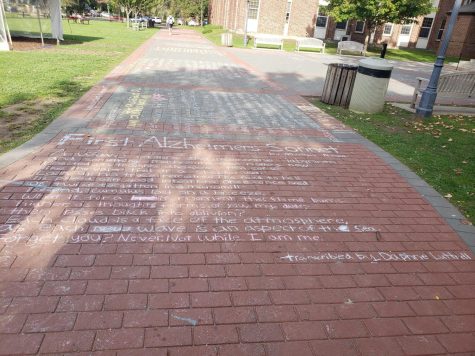 Senior chalks First Alzheimers Sonnet at Brewster entrance.