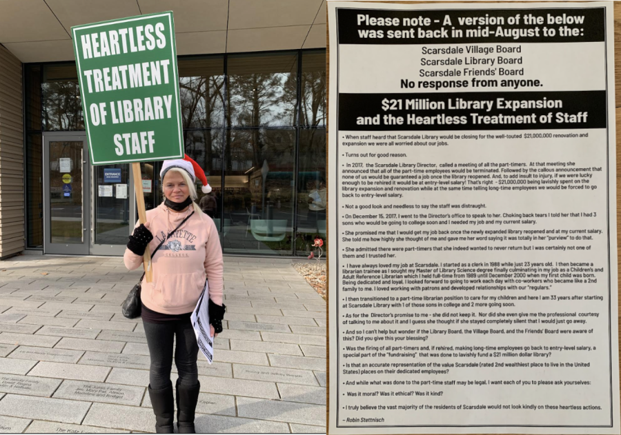 Stettnisch+protesting+in+front+of+the+Scarsdale+Public+Library+with+her+flyer.+
