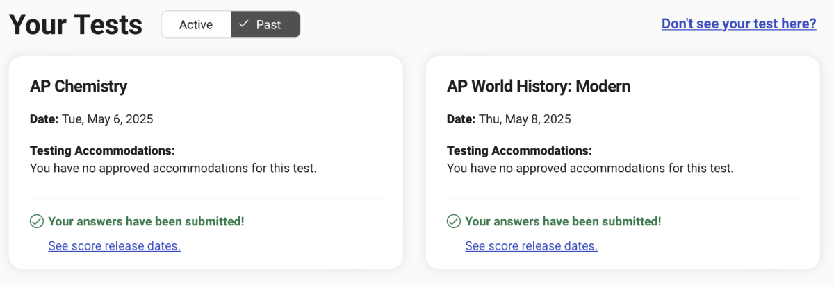 An AP exam dashboard showing the AP Chemistry and World History exams, some of the most popular underclassmen choices.