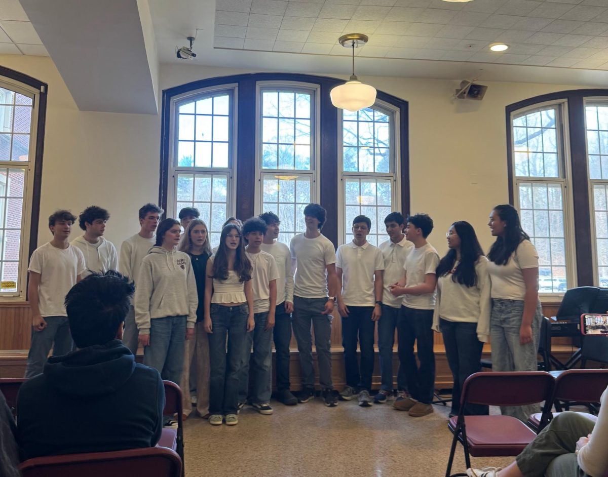 The a cappella group performs for the audience.
